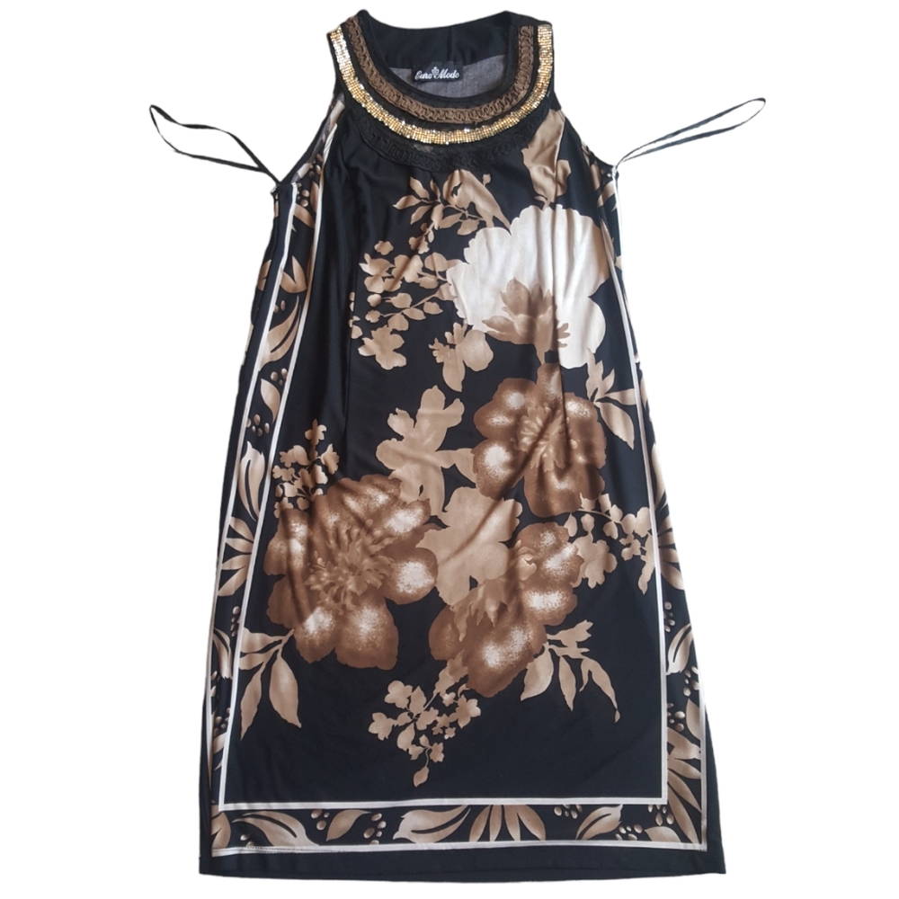 Vintage sepia floral midi dress sequined neck halter, M